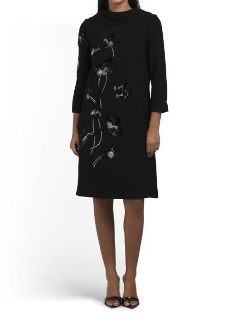 TERI JON Crepe Cowl Neck Three-quarter Sleeve Beaded Flower Mini Dress
